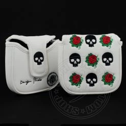 19th Hole Custom Shop Skull & Rose High MOI Mallet Putter Head Cover, Heel Shafted, White